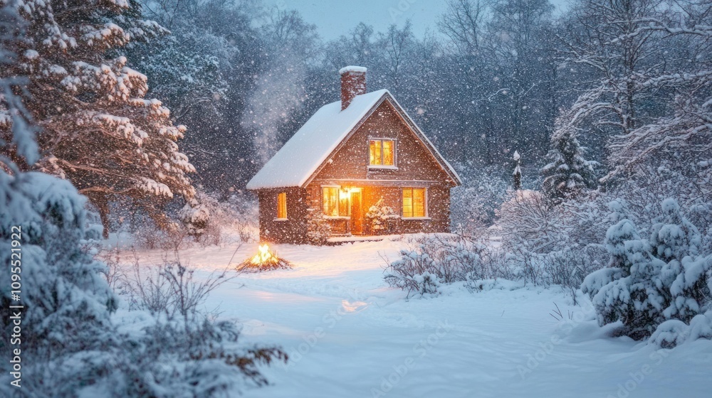 Cozy cabin in a snowy landscape, illuminated warmly amidst falling snowflakes. Cozy cabin in a snowy landscape, illuminated warmly amidst falling snowflakes.
