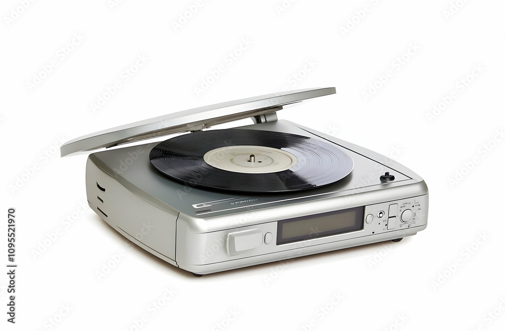 Modern Silver Digital CD Player Open Lid Featuring Vinyl Record for Aesthetic and Artistic Presentation in Stock Photography Modern Silver Digital CD Player Open Lid Featuring Vinyl Record for Aesthetic and Artistic Presentation in Stock Photography