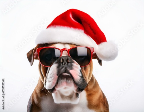 Feliz Navidad concepto de Navidad vacaciones invierno divertido animal mascota tarjeta de felicitación - perro  con gafas de sol y sombrero de Papá Noel, aislado sobre fondo blanco