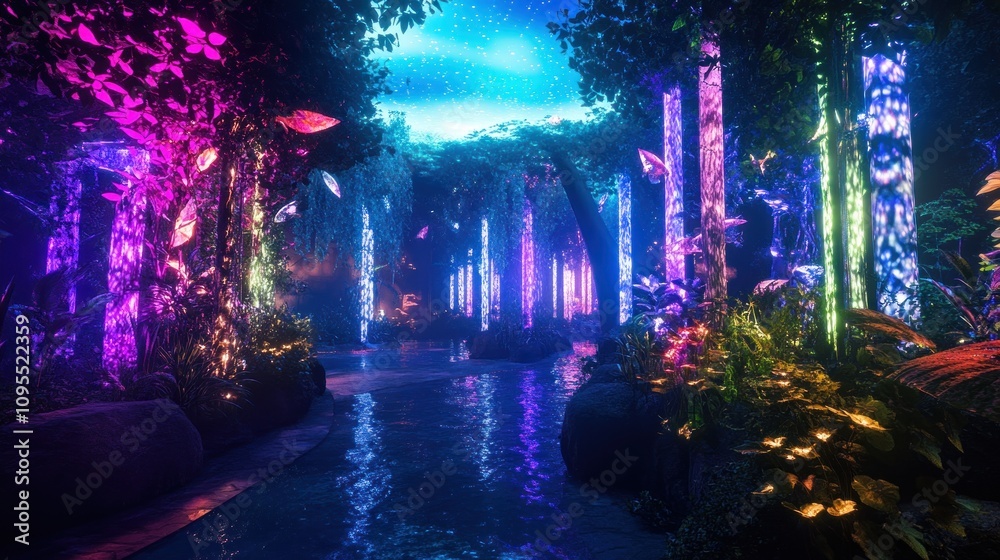 Obraz premium A vibrant, illuminated forest with colorful trees and a serene waterway.