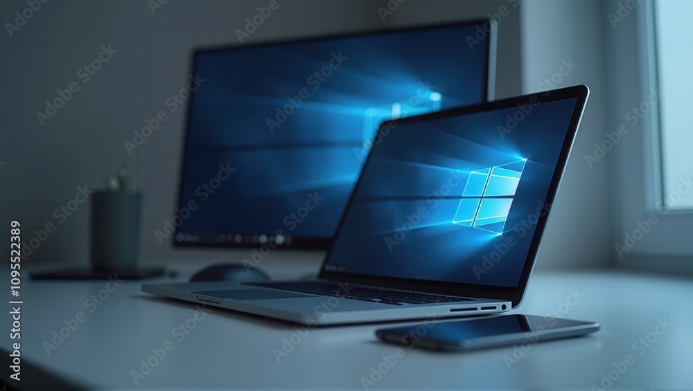 Open laptop with blue wallpaper on screen, smartphone, tablet, and earphones on a desk. Generative, AI, Open laptop with blue wallpaper on screen, smartphone, tablet, and earphones on a desk. Generative, AI,