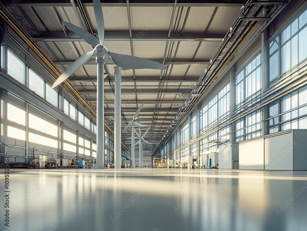 Empty industrial warehouse with wind turbines. Empty industrial warehouse with wind turbines.