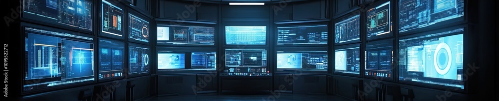 A dark room with many glowing blue screens. A dark room with many glowing blue screens.