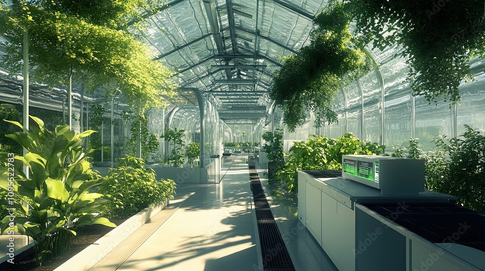 A greenhouse with a white walkway and lush green plants. A greenhouse with a white walkway and lush green plants.