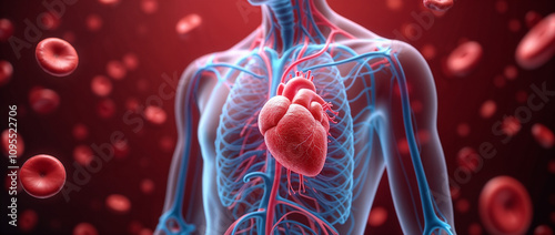 Illustration of the human cardiovascular system showcasing the heart and red blood cells in a vibrant red background, emphasizing circulatory function and health.

