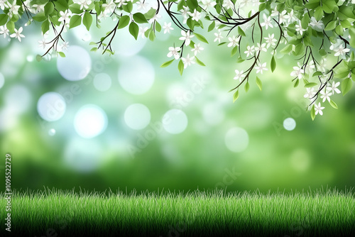 Green spring themed background with bokeh background and copy space in the center.