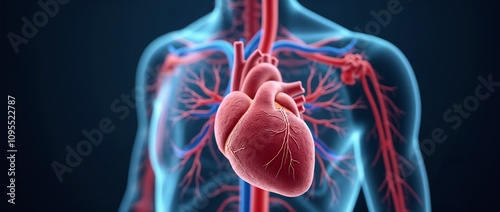 A 3D illustration depicting the human heart and circulatory system, highlighting arteries and veins. Perfect for medical education and healthcare purposes, capturing biological details effectively.

