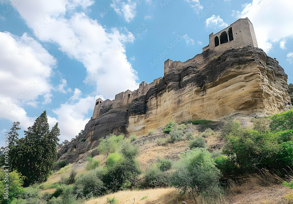 Fototapeta premium Wide Angle Photograph of an Ancient Castle Perched on a Rocky Outcrop Under a Bright Blue Sky with Fluffy White Clouds and Lush Greenery Surrounding the Structure