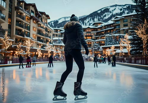 Woman Ice Skating on a Picturesque Rink in Vail, Colorado Surrounded by Charming Lights and Breathtaking Mountain Scenery