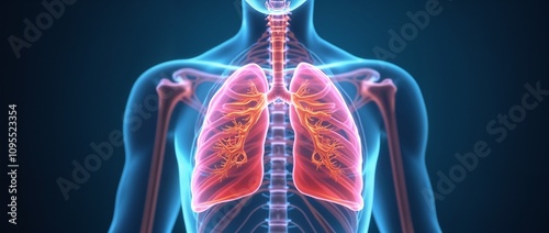 Detailed X-ray anatomical illustration showing the human respiratory system. The lungs are highlighted in bright colors, emphasizing health and medical concepts. Perfect for educational and healthcare