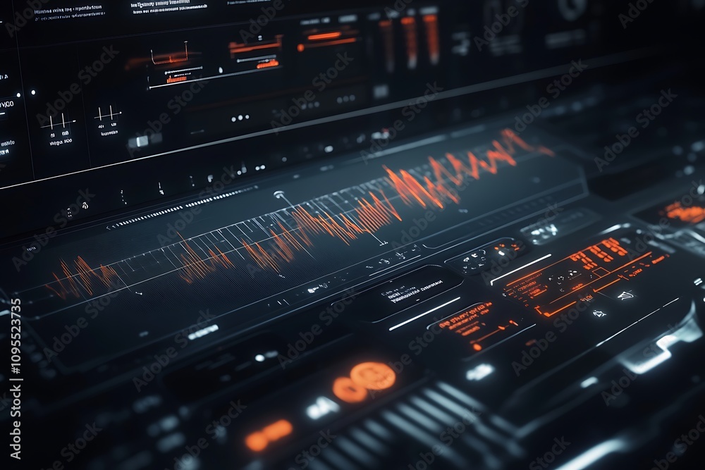 A futuristic interface displaying data analytics and waveforms in a dark, high-tech environment. A futuristic interface displaying data analytics and waveforms in a dark, high-tech environment.