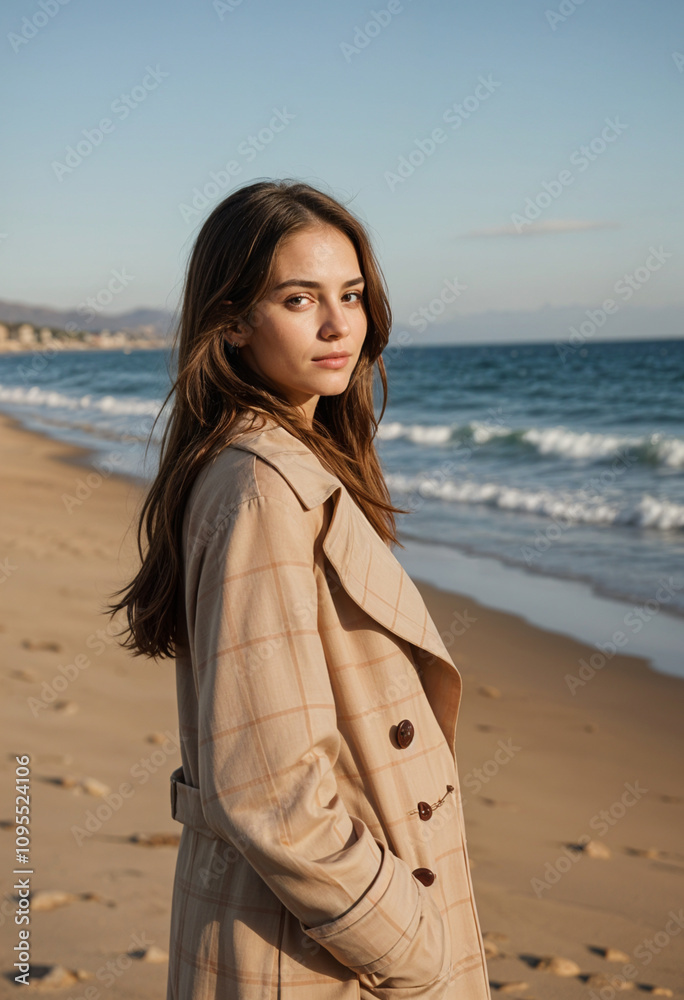 A young woman with long brown hair stands on a sandy beach, wearing a beige plaid trench coat. The ocean waves gently roll in the background under a clear sky. A young woman with long brown hair stands on a sandy beach, wearing a beige plaid trench coat. The ocean waves gently roll in the background under a clear sky.