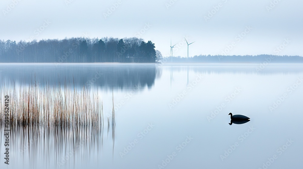 Large water, bird middle, foggy, wind mill distant Large water, bird middle, foggy, wind mill distant