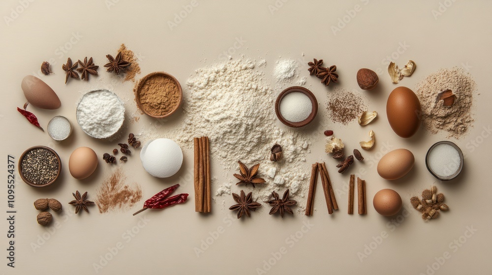 Assortment of Baking Ingredients and Spices on a Beige Surface Assortment of Baking Ingredients and Spices on a Beige Surface