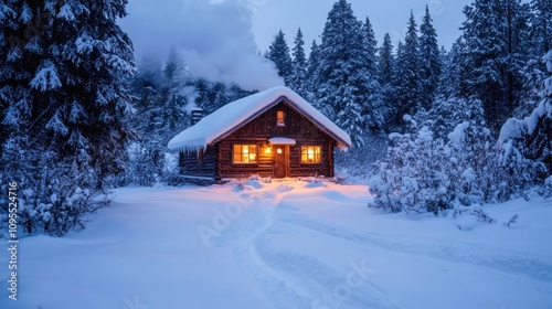 A cozy cabin in a snowy landscape, illuminated warmly against a winter backdrop.