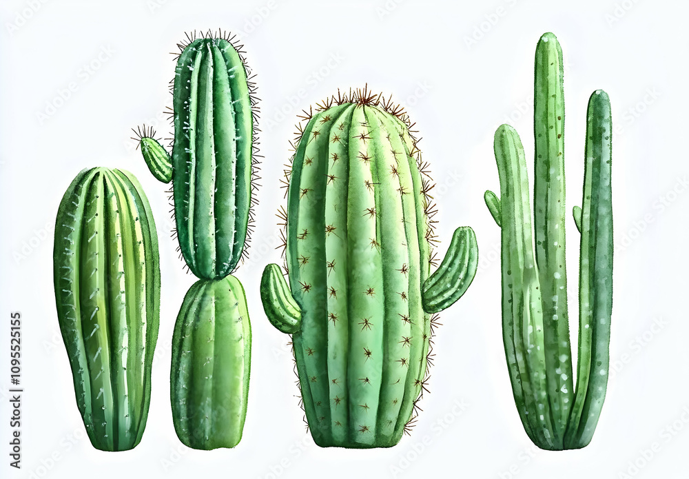 Detailed Watercolor Illustration of Various Cactus Plants in Green Shades, Showcasing Unique Textures and Shapes for Nature and Decoration Lovers