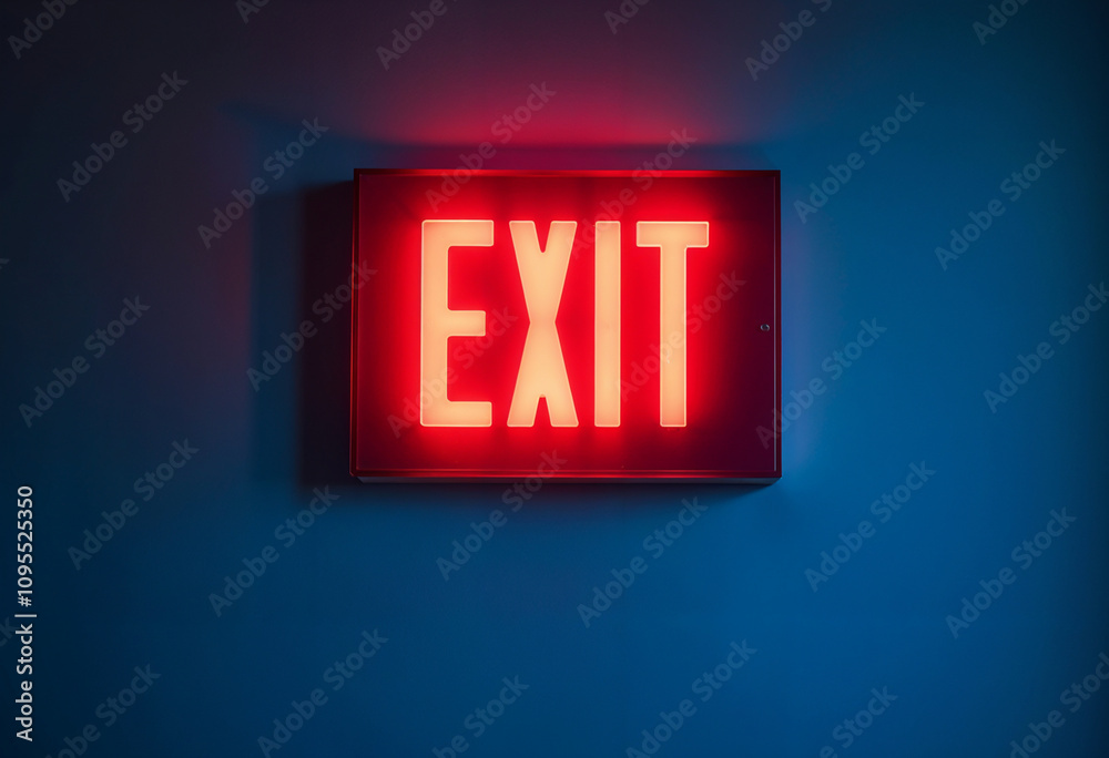Red Illuminated Exit Sign, Emergency, Safety, Wall Mounted, Neon, Dark Blue Background, Building, Li Red Illuminated Exit Sign, Emergency, Safety, Wall Mounted, Neon, Dark Blue Background, Building, Li