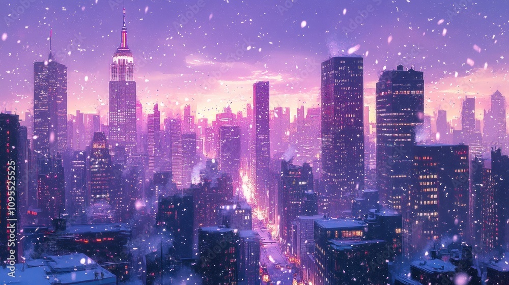 A winter cityscape at dusk, showcasing skyscrapers and falling snow in a vibrant atmosphere. A winter cityscape at dusk, showcasing skyscrapers and falling snow in a vibrant atmosphere.