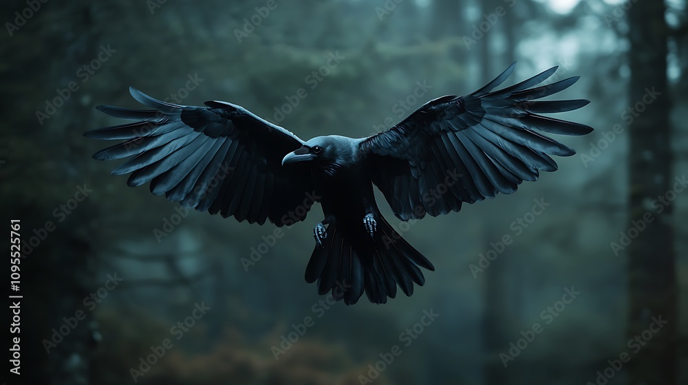 Naklejka premium Powerful black crow flight with wide wingspan image
