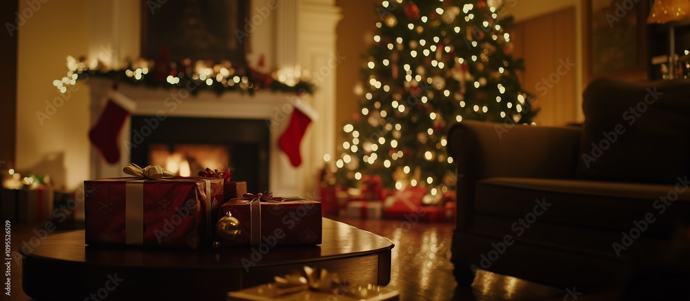 Christmas Presents on a Table by the Fireplace with a Festive Blurred Background of Tree and Decorations, Copy Space Christmas Presents on a Table by the Fireplace with a Festive Blurred Background of Tree and Decorations, Copy Space
