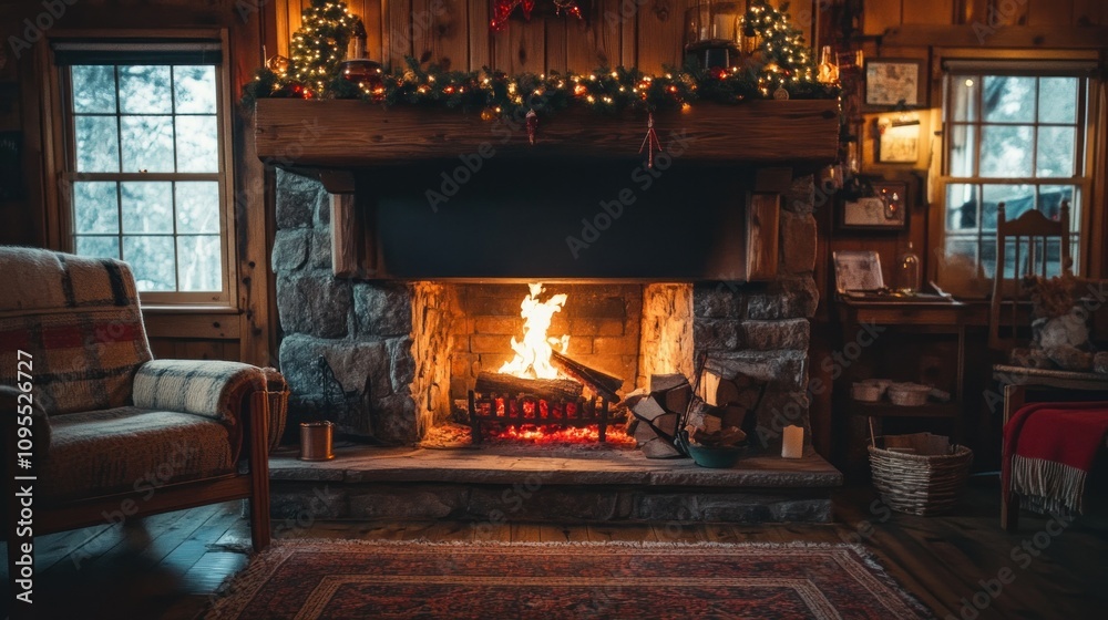 Cozy Fireplace in a Rustic Cabin with Christmas Decorations Cozy Fireplace in a Rustic Cabin with Christmas Decorations