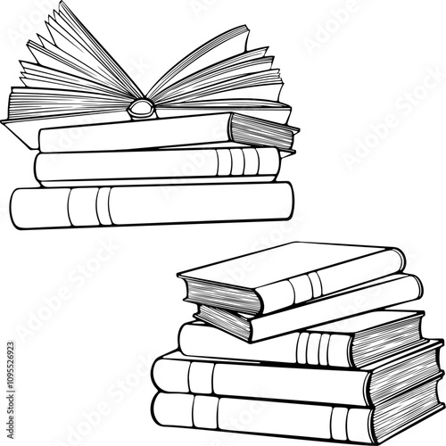 Set of stacks of books with an opened notebook. School, education library symbol. Reading and writing concept. Vector illustration in hand drawn sketch doodle style. Line art isolated on white