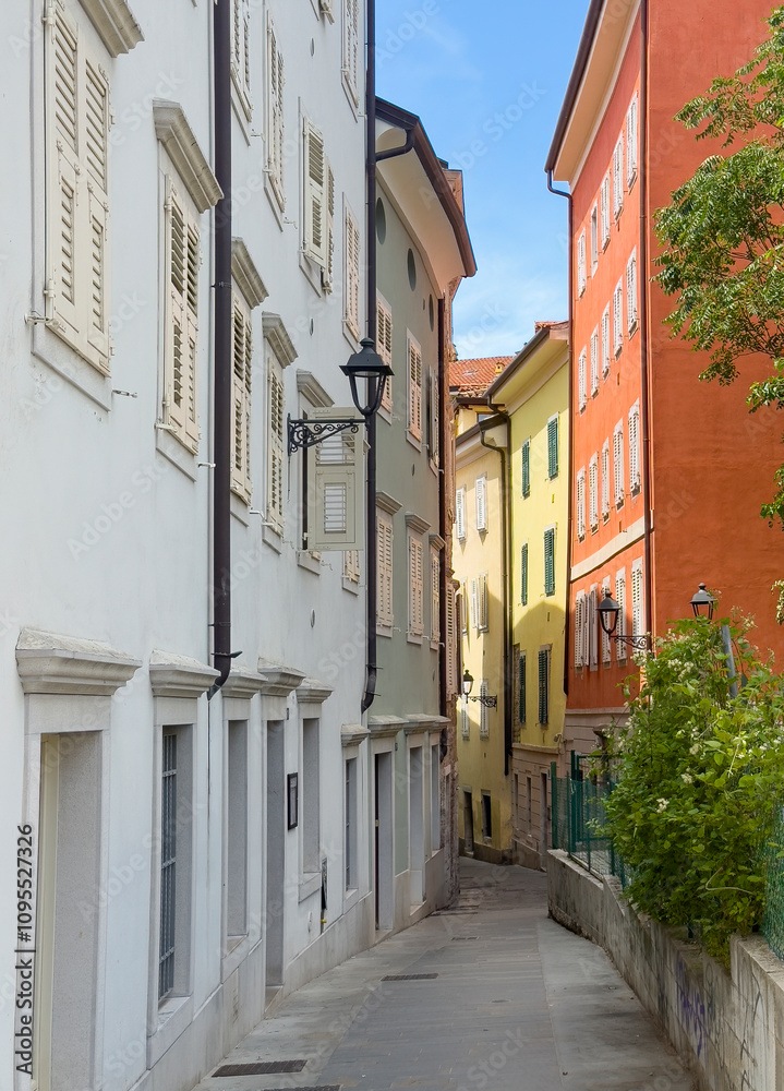 Fototapeta premium Trieste, Italy - June 27, 2024: Narrow Via dei Capitelli going down at intersection with Via Pozzo di Crosada. Colorful painted facades of residential houses with some green foliage