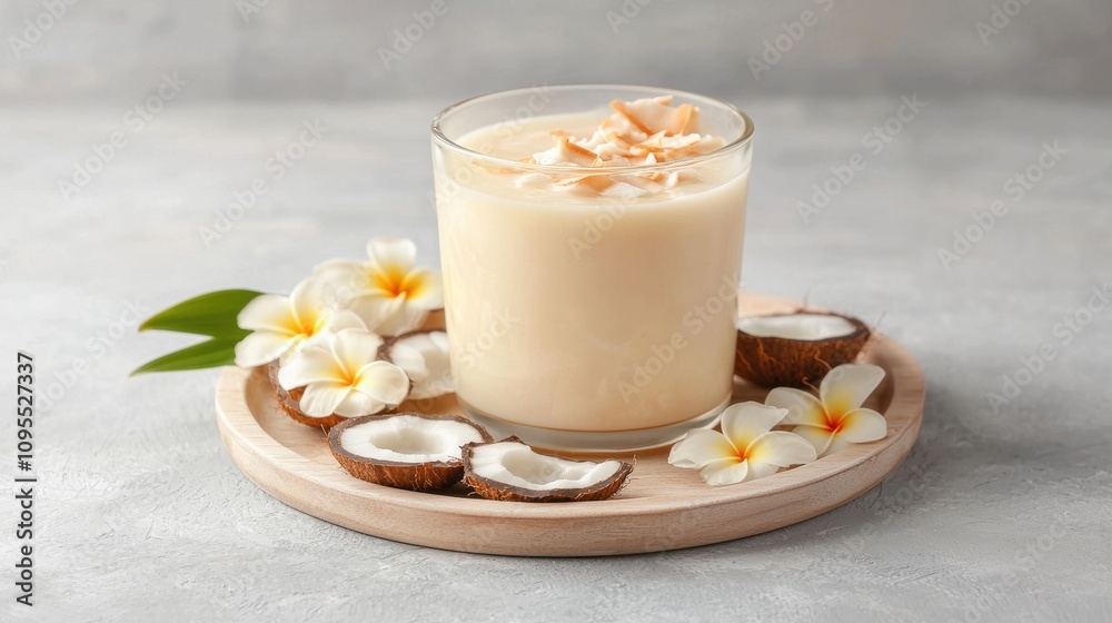 Refreshing coconut drink serene home setting beverage photography calm environment close-up view wellness concept Refreshing coconut drink serene home setting beverage photography calm environment close-up view wellness concept