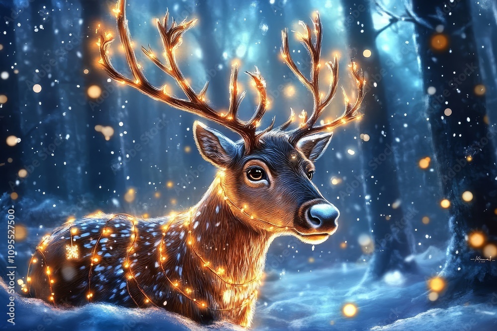 Magical winter scene featuring a bright reindeer covered in lights.