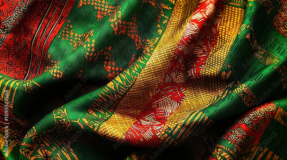 Fototapeta premium A three-colored cloth featuring red, yellow, and green hues, adorned with a red-yellow design atop a black-white bottom