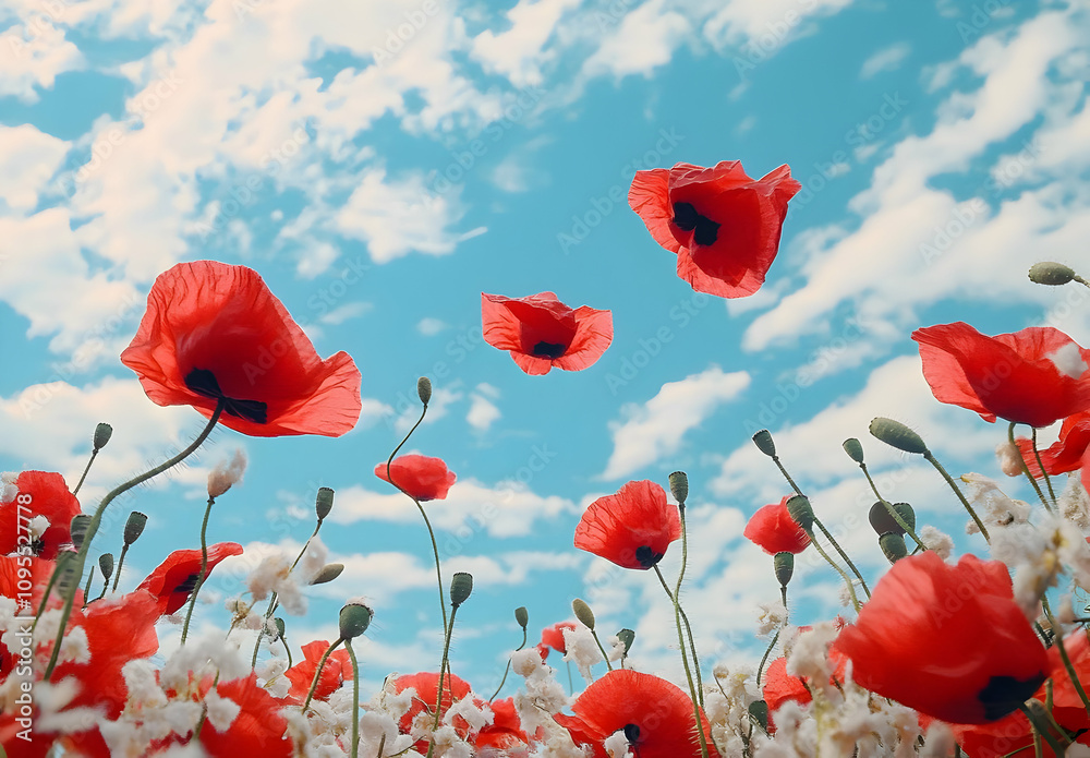 Naklejka premium Vibrant Red Poppies Against a Clear Blue Sky with Fluffy Clouds Capturing the Essence of Spring's Beauty and Nature's Palette