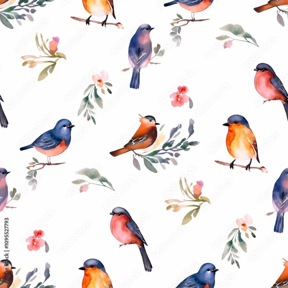 Fototapeta premium Colorful birds and delicate flowers create a vibrant pattern on a white background