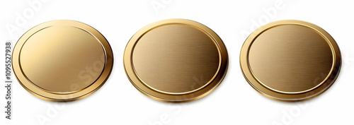 Three Circular Gold Badges with a Blank Surface Ideal for Customization and Award Recognition in Various Design Projects