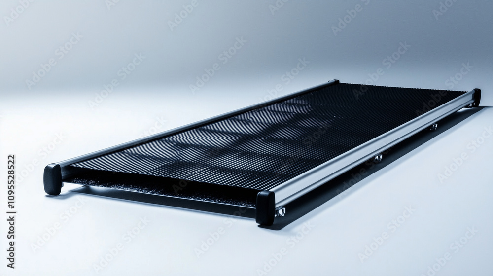 A foldable metal ramp with rubberized grip for easy wheelchair movement, set against a clean white background, ideal for portability and home use. A foldable metal ramp with rubberized grip for easy wheelchair movement, set against a clean white background, ideal for portability and home use.