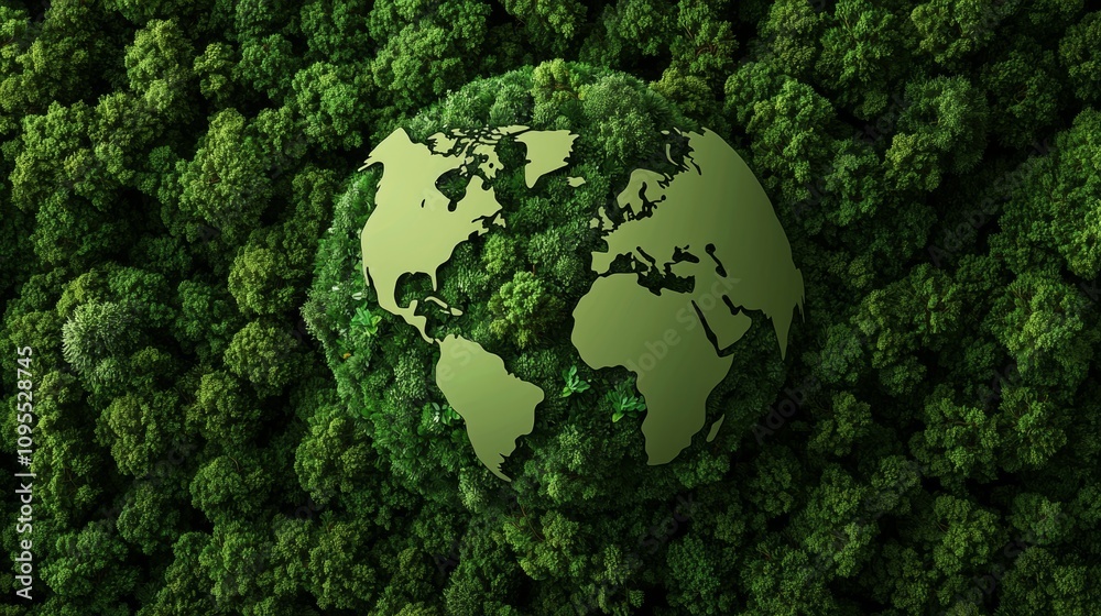 Green Earth Emblem Over Dense Forest Landscape Green Earth Emblem Over Dense Forest Landscape