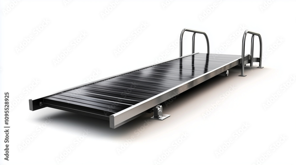 A modular wheelchair ramp system in metal, with adjustable angles, designed to cater to different home entry needs, isolated on white. A modular wheelchair ramp system in metal, with adjustable angles, designed to cater to different home entry needs, isolated on white.