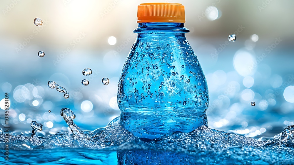 Blue plastic bottle with orange cap partially submerged in water with splashes. Blue plastic bottle with orange cap partially submerged in water with splashes.