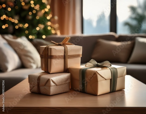 Cajas de regalo de Navidad en la mesa del salón