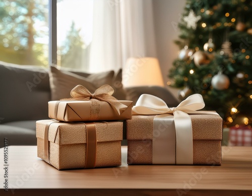 Cajas de regalo de Navidad en la mesa del salón