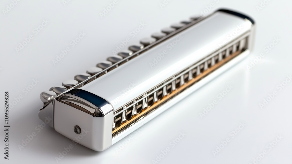 A white harmonica with chrome finish and intricate detailing, isolated on a white background for clarity in every small element. A white harmonica with chrome finish and intricate detailing, isolated on a white background for clarity in every small element.