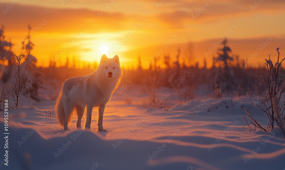 Arctic fox in snowy landscape at sunset, serene winter scene with vibrant orange sky, snow-covered ground, and silhouette of trees