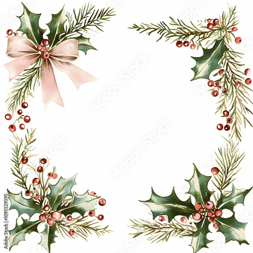 Festive Christmas Scene with Holly and Berries Decoratively Framing a Blank White Background for Creative Holiday Design Projects and Cards