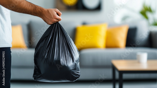 Hand holding a trash bag near a living room coffee table, with blurred sofa and decorative pillows behind.