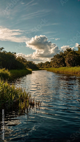 A view from a boat cruising through the everglades in the late afternoon sunlight. Eerie and sinister. AI generated illustration.