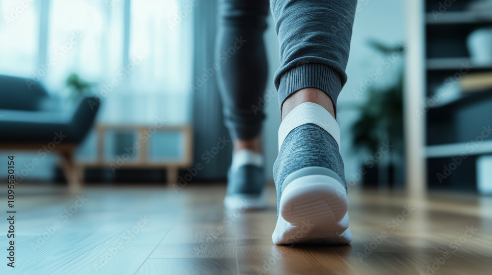 Focus on a man's heel with a bandage around his Achilles tendon, hinting at injury recovery, with home decor slightly blurred in the background. Focus on a man's heel with a bandage around his Achilles tendon, hinting at injury recovery, with home decor slightly blurred in the background.
