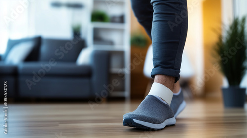 Focus on a man's heel with a bandage around his Achilles tendon, hinting at injury recovery, with home decor slightly blurred in the background.