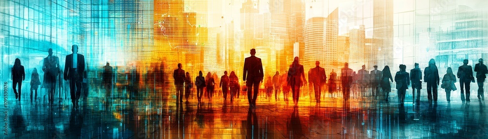 Fototapeta premium A colorful silhouette of people against a vibrant backdrop, symbolizing diversity, connection, and collaboration in a modern urban setting.