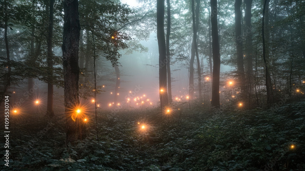 Fototapeta premium A serene forest scene illuminated by glowing orbs, creating a magical atmosphere.
