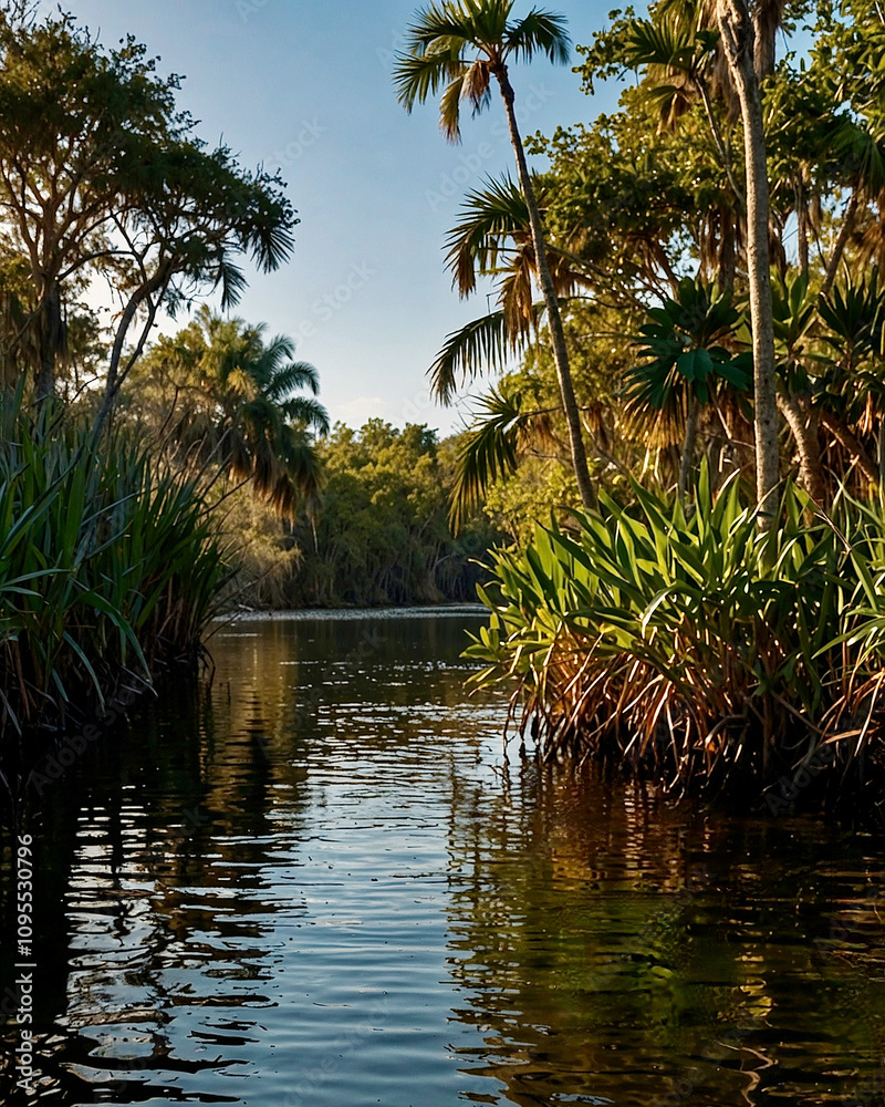A view from a boat cruising through the everglades in the late afternoon sunlight. Eerie and sinister. AI generated illustration. A view from a boat cruising through the everglades in the late afternoon sunlight. Eerie and sinister. AI generated illustration.