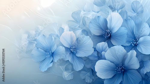 A Minimalistic Artistic Illustration of Blue Flowers with Delicate, Intricately Designed Petals, Gracefully Arranged Against a Gradient Background Transitioning Seamlessly from Light to Dark Blue